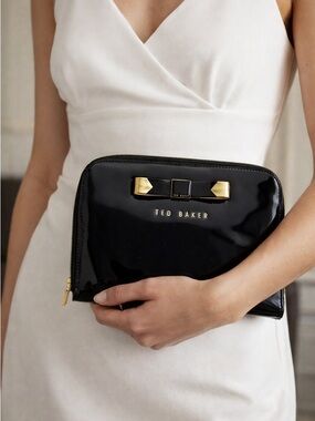 Ted Baker Patent Black Clutch with Gold Bow